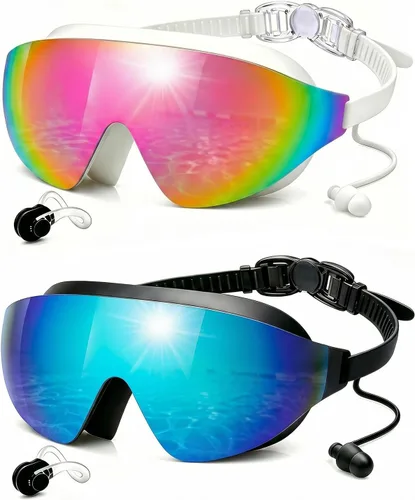 Vista 7 de Swim Goggles 2 Pack, Wide View Anti Fog&UV Swimming Goggles for Audlt, No Leak Pool Beach Essentials for Men Women Azul claro y rosa espejado