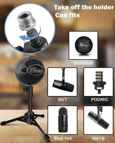Vista 4 de Soporte de Micrófono de Escritorio Portátil Trípode Plegable con Soporte de Clip de Micrófono y Tornillo Macho de 5/8 Pulgadas a Hembra de 3/8