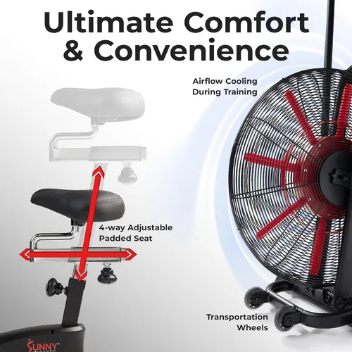 Vista 5 de Sunny Health & Fitness Smart Fan Bike for Home Gym, Full Body HIIT & Interval Cardio Training with Air Resistance, Customizable Performance Monitor