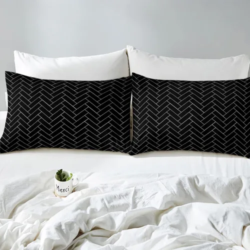 Vista 6 de Juego de funda de edredón geométrica negra Twin XL, juego de ropa de cama a rayas negras y blancas, moderno, suave, de lujo, de microfibra