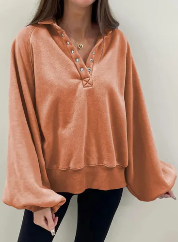 Vista 3 de Dokotoo Sudaderas de gran tamaño con cuello de botón para mujer, manga de farol, holgadas, para mujer