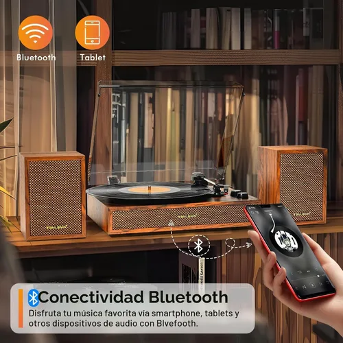 Vista 6 de Tocadiscos de vinilo con altavoces externos, tocadiscos estéreo vintage de 3 velocidades para discos de vinilo, entrada Bluetooth, parada automática