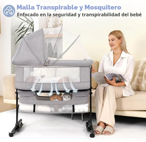 Vista 6 de Semphis Cuna para bebé, cuna 3 en 1, cama de noche de altura ajustable con modo mecedor, malla transpirable, cesta de almacenamiento, ruedas, fácil