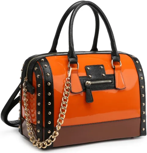 Vista 13 de Dasein Bolso Barrel para Mujer de Cuero Sintético de Charol Brillante con Decoración de Remaches Asa Superior Cartera Bolso de Hombro Azul más grande
