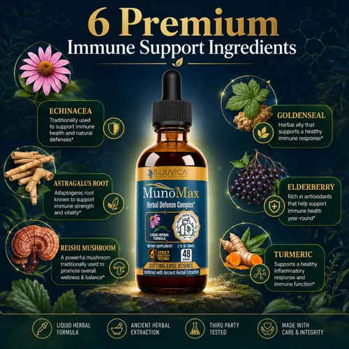Vista 2 de Rejuvica Health MunoMax Gotas líquidas de apoyo inmunológico Equinácea, saúco, astrágalo, reishi y sello de oro Apoya la defensa inmune diaria