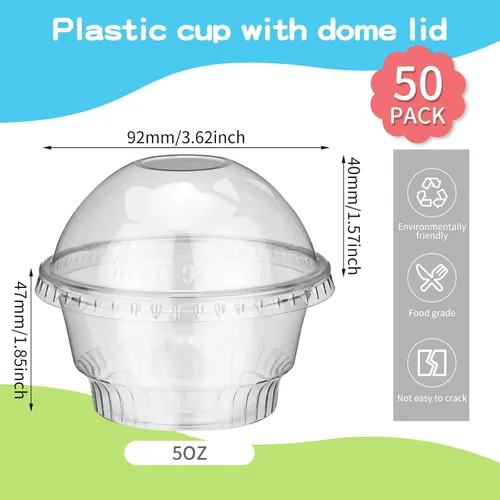 Vista 2 de 50 tazas de plástico transparente para postres de 5 onzas con tapa de cúpula, tazas desechables para helado y tazas de parfait, vasos de plástico
