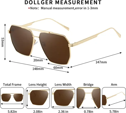Vista 4 de Dollger Lentes de sol cuadrados de gran tamaño para mujeres y hombres, polarizados, estilo aviador, lentes de sol grandes retro