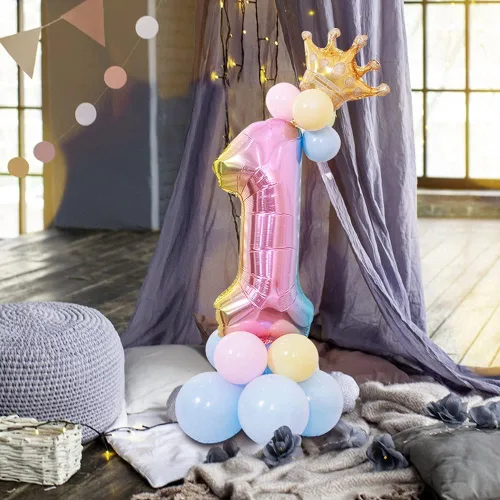 Vista 2 de Juego de globos de aluminio de aluminio de 32 pulgadas de tamaño grande con número 1 para niños para fiesta de primer cumpleaños (1)