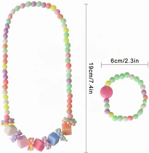 Vista 7 de ONESING Juego de 22 piezas de joyería para disfraz de princesa, collar y pulsera, juego de joyas para niñas, collar y pulsera para jugar, Madera
