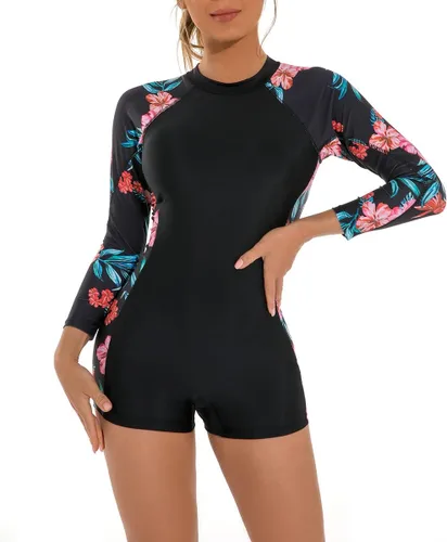 Vista 4 de ABOCIW Traje de baño Boyleg de una pieza de manga larga con estampado floral para surfear, traje de baño deportivo UPF 50+