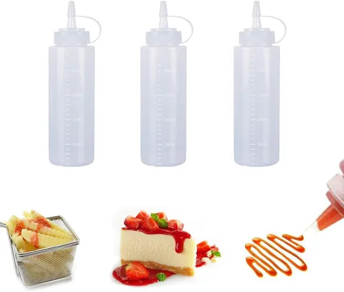Vista 17 de Botellas de plástico de 3 colores de 12 onzas, botellas para apretar condimentos, botella multiusos para salsa de tomate, aceite, mermelada, salsa