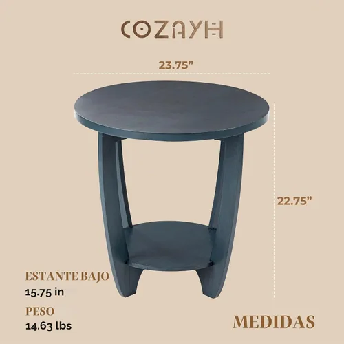 Vista 3 de COZAYH Mesa auxiliar rústica de granja con estante de almacenamiento, mesa lateral redonda moderna de estilo campestre francés para espacios Azul