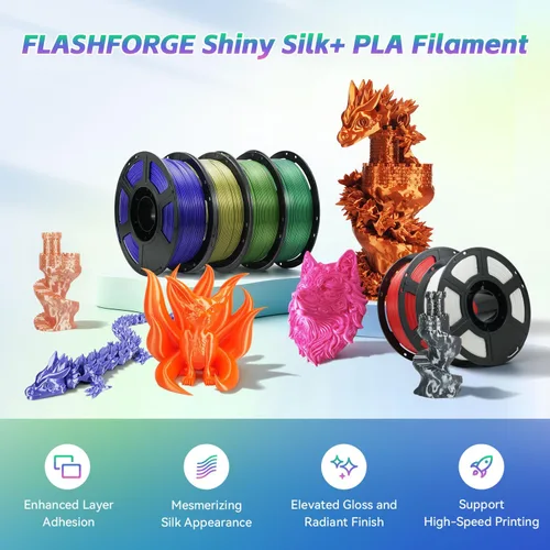 Vista 2 de FLASHFORGE Silk+ Filamento PLA de 0.069 in, color gris metálico, filamento de impresión 3D de textura sedosa, adherencia de capa mejorada