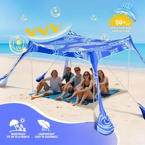 Vista 2 de 2PM SPORTS - Toldo de playa con dosel UPF50+ de protección UV, refugio para sol grande al aire libre para picnic familiar, camping, viajes, pesca