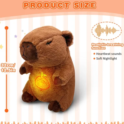 Vista 3 de Capybara - Animal de peluche que respira y alivia la ansiedad, con movimiento de respiración realista y luces musicales relajantes, peluches