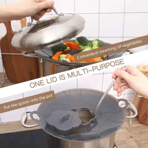 Vista 2 de Tapa de tapón de silicona para derrames de silicona, protección contra derrames, herramienta de cocina multifunción para cocinar ollas de 7 a 10 Gris