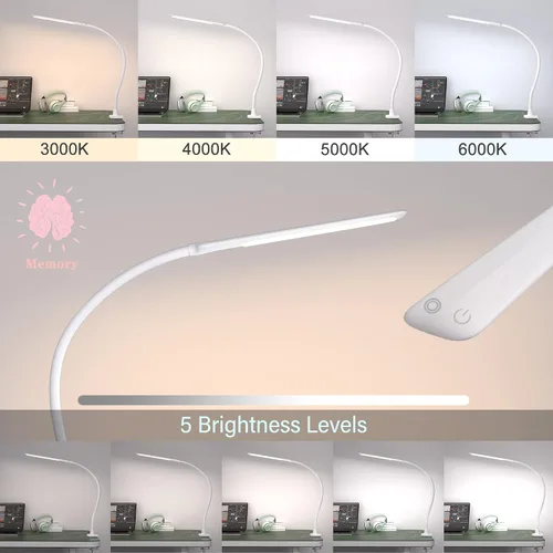 Vista 2 de Lámpara de escritorio LED con abrazadera, lámparas de cuello de cisne de 10 W, control táctil, lámpara de abrazadera de brazo oscilante, lámpara