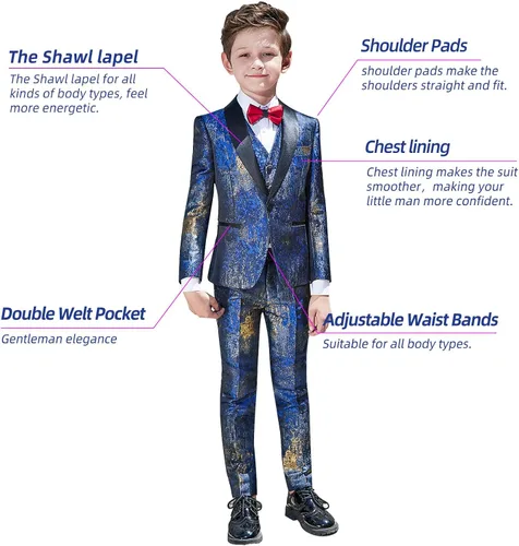 Vista 3 de ELPA - Conjunto de traje de esmoquin floral para niños, esmoquin juvenil ajustado