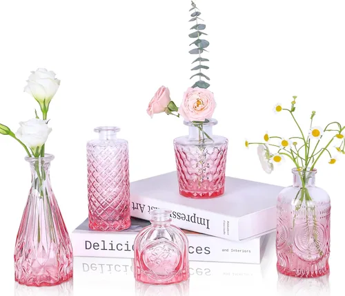 Vista 26 de UPBUD Juego de 5 jarrones de cristal ámbar, pequeños jarrones marrones para flores Mini jarrones a granel para decoraciones de boda, jarrón