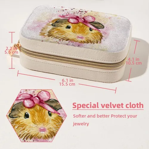 Vista 5 de Joyero pequeño de viaje para mujeres y niñas, bonito estuche organizador de joyas de conejillo de indias en acuarela para collares, aretes, anillos