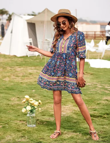 Vista 3 de Chigant Vestido de verano bohemio con cuello en V para mujer, casual, holgado, vintage, manga larga 34, vestidos de playa con bolsillos
