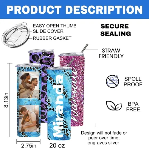 Vista 4 de Vaso delgado personalizado con purpurina con tapas y popotes, nombres, vasos de acero inoxidable personalizados con imagen para mujeres, hombres
