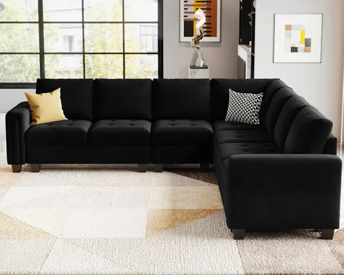 Vista 4 de Belffin Sofá modular de terciopelo en forma de L, sofá seccional convertible de gran tamaño con diván reversible para sala de estar, color negro