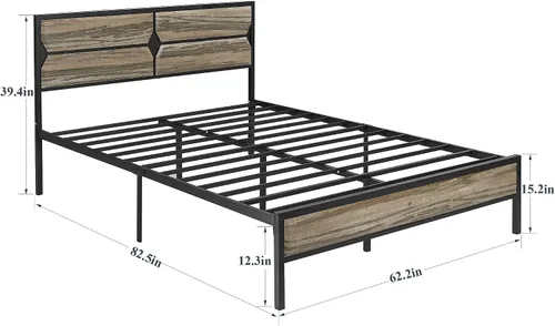 Vista 2 de VECELO Base de cama tamaño Queen con cabecera y estribo de madera, base de colchón de plataforma de cama Queen, soporte de listones de acero,