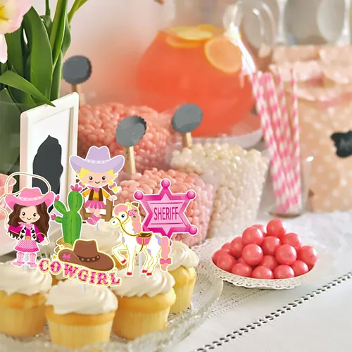 Vista 7 de 36 adornos para cupcakes con temática occidental, decoración de tartas de vaquera rosa, para vaqueras occidentales, fiesta de cumpleaños