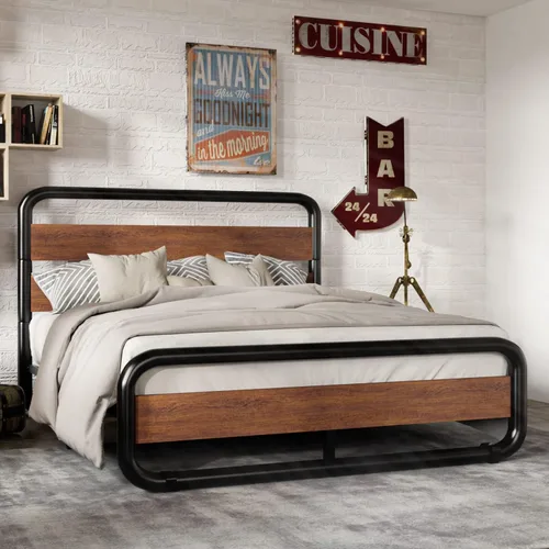 Vista 9 de MUTICOR Base de cama de metal de tamaño matrimonial con cabecero y estribo de madera redondos/curvos, marco de cama de plataforma con almacenamiento