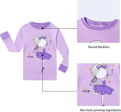 Vista 3 de KikizYe Conjunto de pijamas de manga larga para niñas pequeñas, 100% algodón