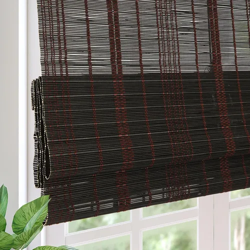 Vista 15 de Persianas romanas de bambú opacas inalámbricas, de fácil control, de madera tejida natural, persianas de bambú con forro de gran privacidad
