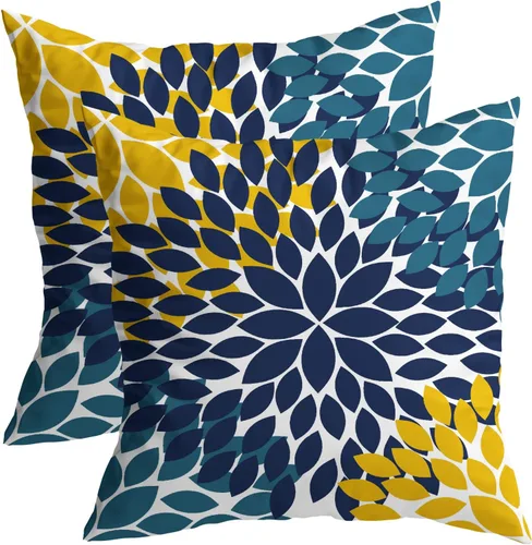 Vista 9 de Juego de 2 fundas de almohada de 18 x 18 pulgadas, diseño de dalias de color azul claro, modernas, rústicas, decorativas, de algodón, con Azul