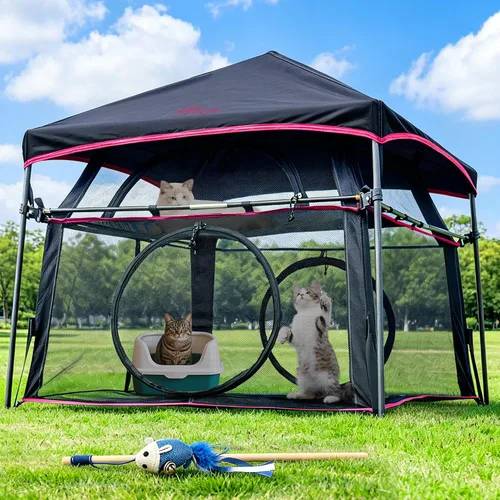 Vista 10 de Catio extragrande para gatos al aire libre, tienda de campaña plegable de 2 niveles con 3 puertas para patio, balcón, interior y campamento