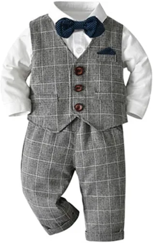 Vista 12 de IDOPIP Trajes de otoño e invierno para niños pequeños, camisa de manga larga con corbatín + chaleco + pantalones largos, overoles