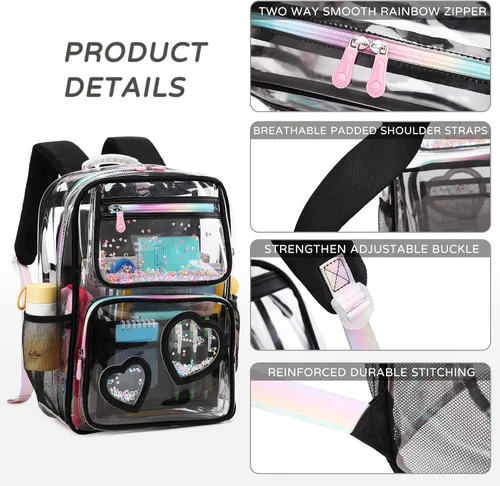 Vista 4 de KIDNUO Mochila transparente para niñas y mujeres, mochila transparente para niños, escuela primaria, universidad, mochila de viaje para laptop