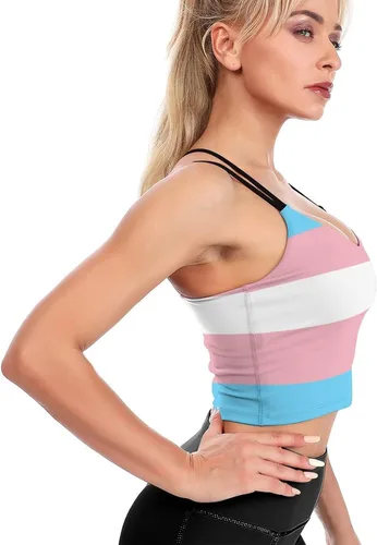 Vista 4 de Camiseta deportiva sin mangas para mujer, diseño de bandera del orgullo transgénero, LGBT, brasier deportivo para entrenamiento, yoga, camiseta