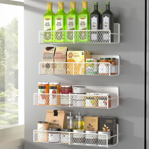 Vista 30 de Estante magnético para especias para refrigerador, paquete de 7 estantes magnéticos fuertes 100% de metal, organizador de especias con soporte
