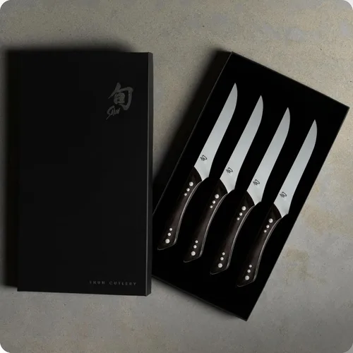 Vista 2 de Shun Shima - Juego de cuchillos para carne de 4 piezas, cuchillos de carne Shima de 5 pulgadas, juego de cuchillos japoneses hechos a mano