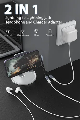 Vista 2 de [Certificado MFi de Apple] Divisor de iPhone para carga y auriculares, adaptador de auriculares Lightning dual compatible con control de música