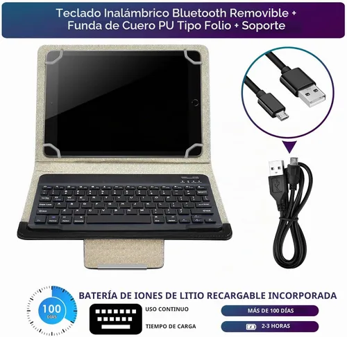 Vista 7 de DETUOSI Funda universal para tableta Android de 10.1 pulgadas con teclado, teclado Bluetooth inalámbrico extraíble + funda de cuero sintético +