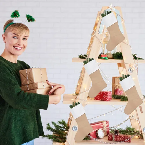 Vista 5 de Juego de 4 medias navideñas de arpillera para decoración de tamaño grande