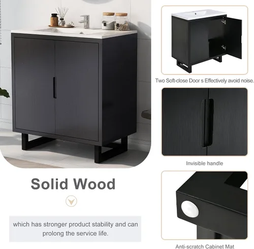 Vista 4 de LUMISOL Tocador de baño de 30 pulgadas con lavabo, armario de almacenamiento de baño negro de madera maciza con dos puertas, tocador de baño moderno