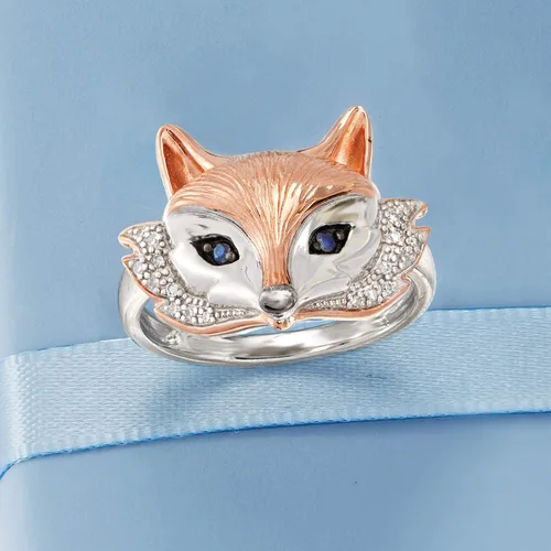 Vista 4 de Ross-Simons Two-Tone Sterling Silver Fox Ring With Sapphire and Diamond Accents