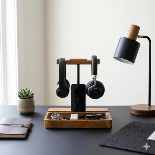 Vista 7 de Soporte dual para auriculares, soporte de madera de acacia para 2