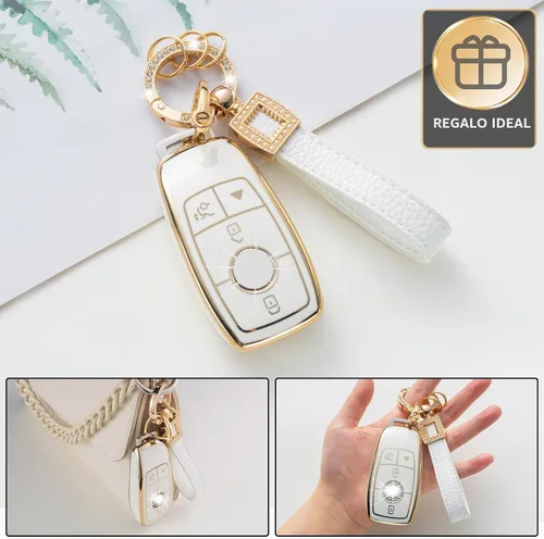 Vista 5 de Funda para llavero de Mercedes Benz con cordón de cuero, funda compatible con Mercedes Benz 2017-2021 Clase E 2018-2021 Clase S A Clase C Clase G