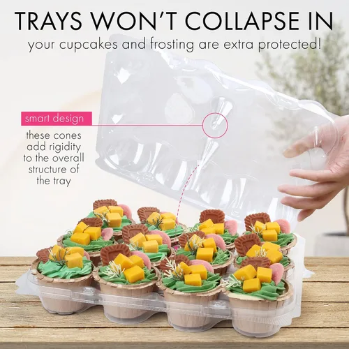Vista 4 de LotFancy (12 unidades x 5 juegos) recipientes para cupcakes con 60 forros, cajas apilables de plástico, soporte desechable para magdalenas con tapa