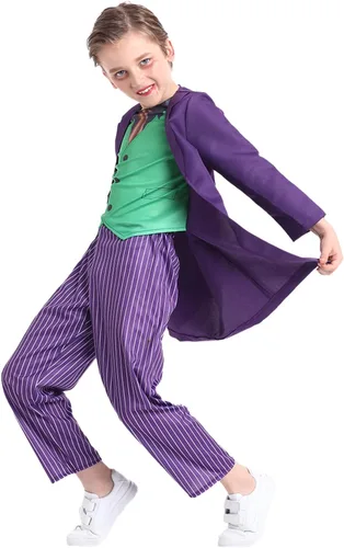 Vista 4 de Disfraz de payaso aterrador de Halloween para niños, disfraz de carnaval para niños con accesorios, morado