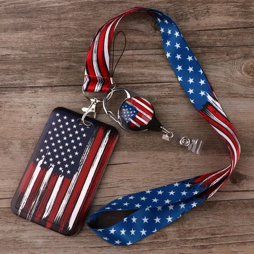 Vista 4 de Cordón con Llavero para Hombre con Insignias de Identificación con Clip de Carrete Retráctil Soporte para Insignias Llavero con Bandera Americana