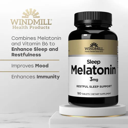 Vista 4 de Windmill Vitaminas naturales melatonina 3 mg, suplementos de melatonina para un sueño reparador, apoyo para el sueño para adultos, sin OMG y sin